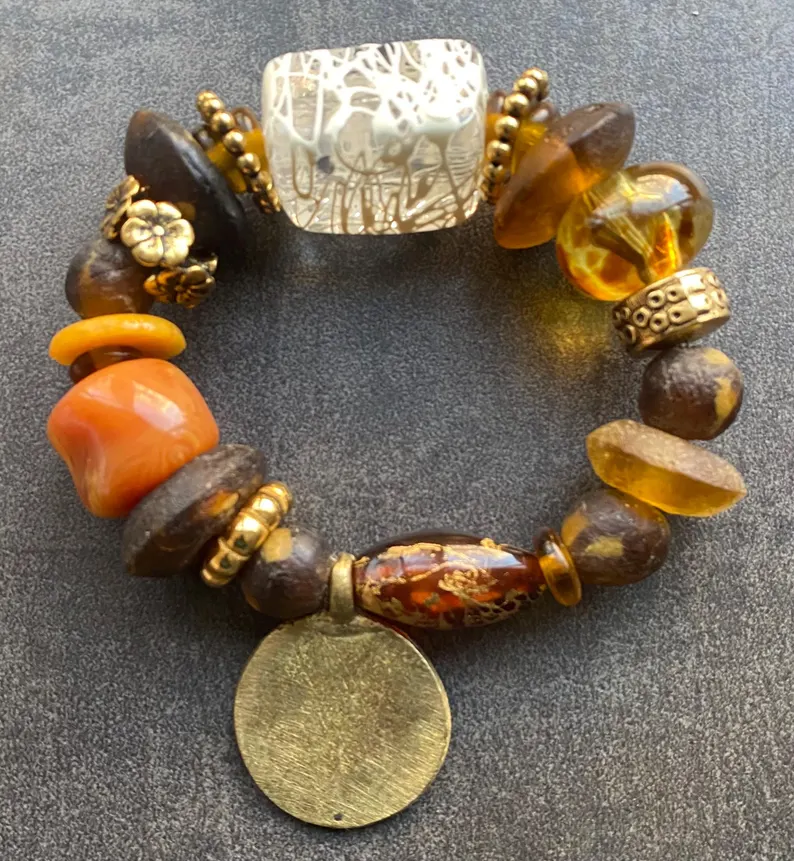 Krobo Beaded Bracelet with Brass Pendant